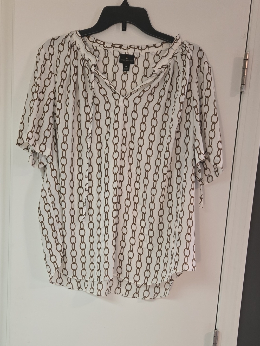 Worthington Cream Blouse with Brown Chain-Print Tie Neck